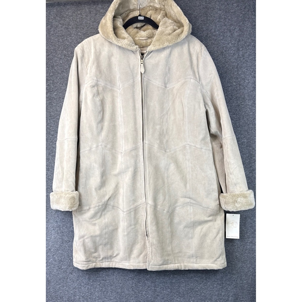 Covington Womens XL Genuine‎ Leather Suede Faux Shearling Hooded Parka Sand NWT